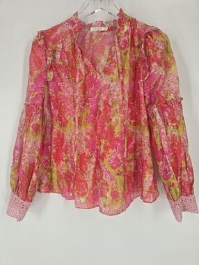 LoveShackFancy Ronalda Lace Trimmed Blouse Pink Orange Floral Print Size S